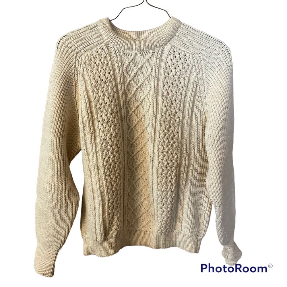 Vintage Wonderwool British Wool Cable Knit Pullover Sweater Beige/Cream Mens L